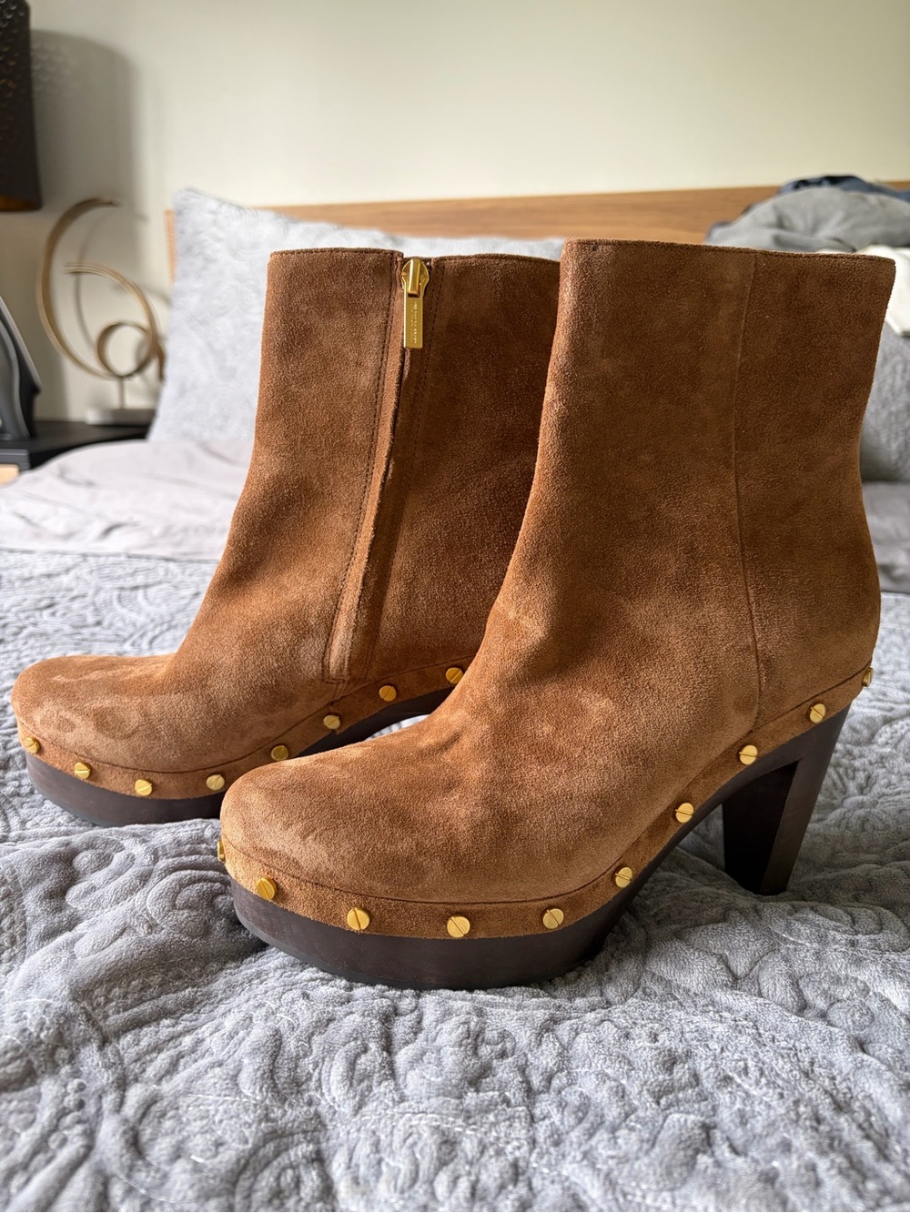 Veronica Beard Gavi Chestnut Suede Platform Ankle Boots with Gold Studs